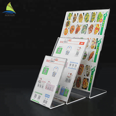 O acrílico claro personalizado inclinou o sinal do acrílico do suporte do menu do projeto