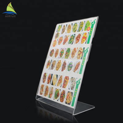 O acrílico claro personalizado inclinou o sinal do acrílico do suporte do menu do projeto