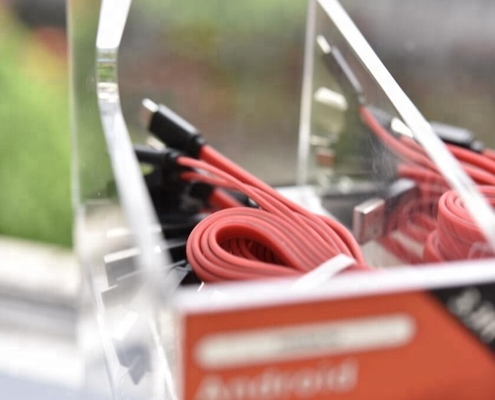 Suporte de exposição acessório do telefone celular acrílico para o polonês de cristal do cabo do Usb
