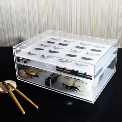 O organizador acrílico elegante da pestana de 3 grades, caixa da pestana do plexiglás para a composição utiliza ferramentas o armazenamento