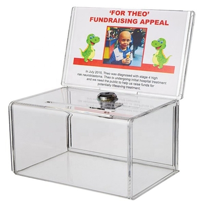 O acrílico pequeno Fundraise caixas de exposição com a caixa da doação do fechamento/plexiglás